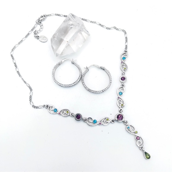 Purple+Blue Crystal Silver Y Floral Necklace & Silver+Rhinestones Hoop Earrings - Picture 2 of 4